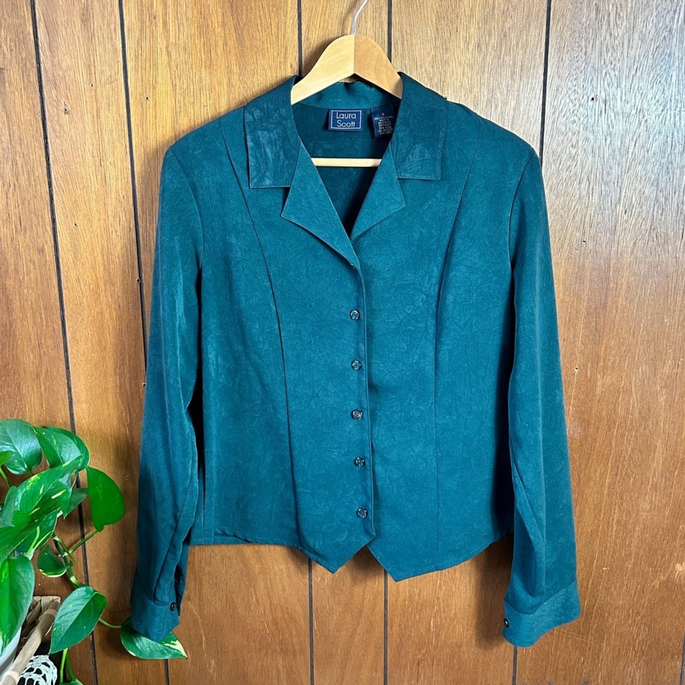 Laura Scott Womens Button Down Long Sleeve Blouse Top Green Size 8 Textured